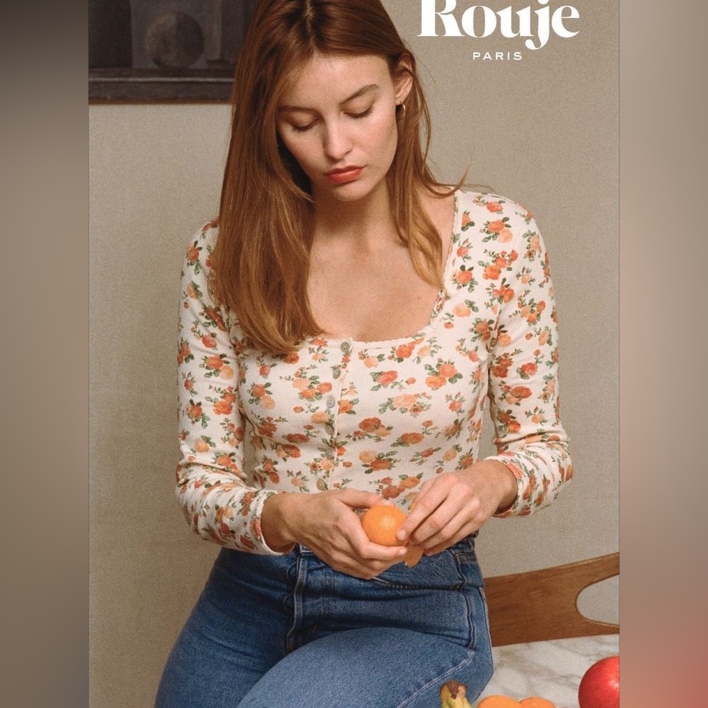 Rouje Eugene Top Creme Floral Square Neckline Crop Top Cottage Long Sleeve